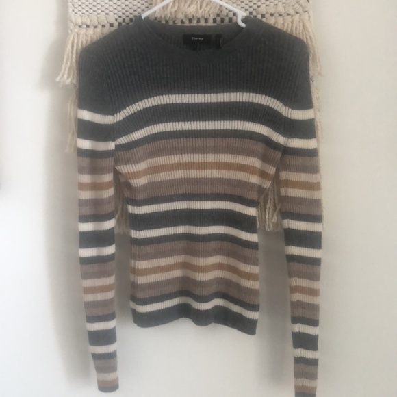 Theory 100% Cashmere Knit Ribbed Mixed Stripe Crewneck Regal Sweater Large - Picture 3 of 7